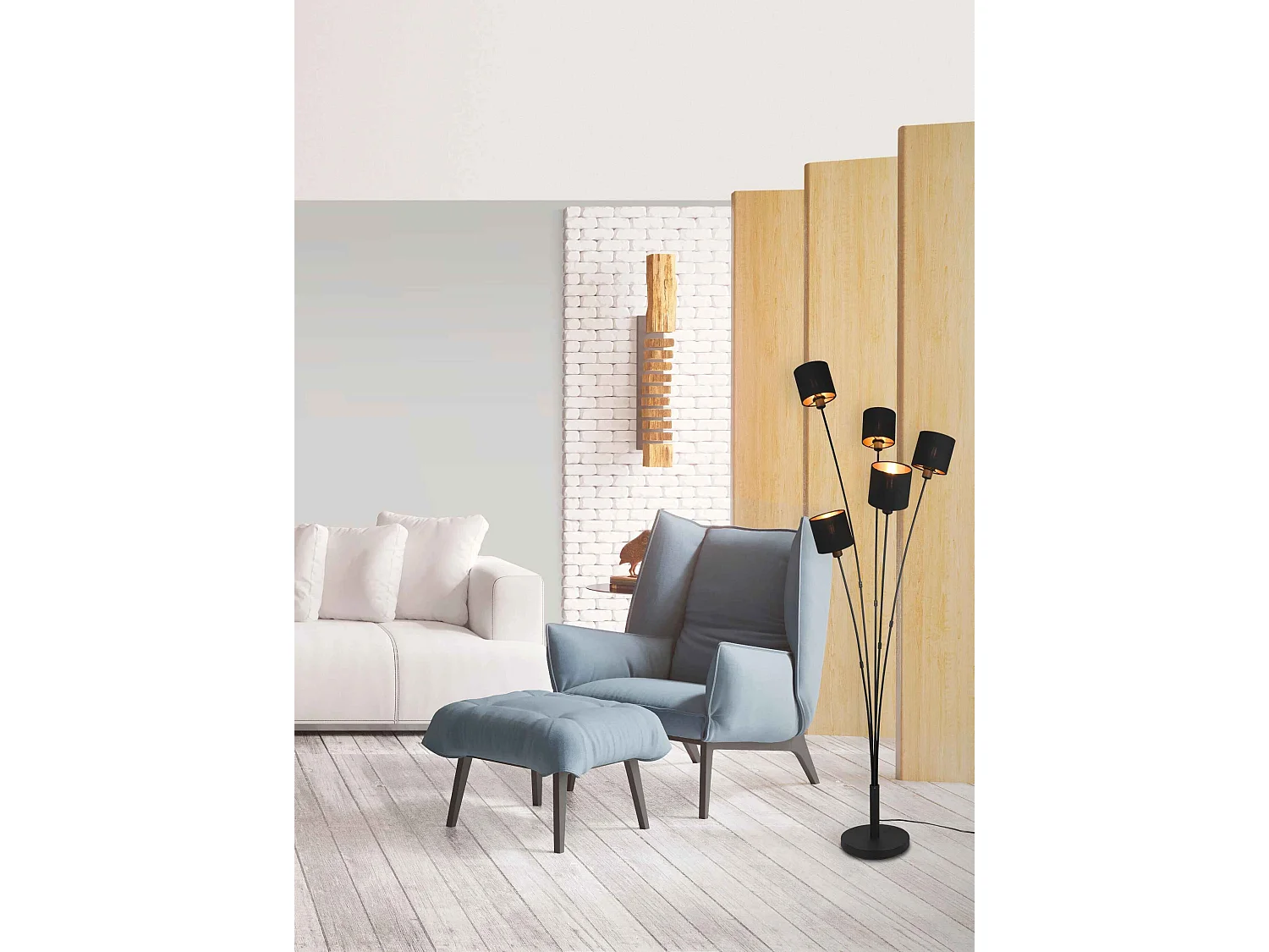 Piantana 5 paralumi, metallo, nero e oro, H 163 cm, Tommy