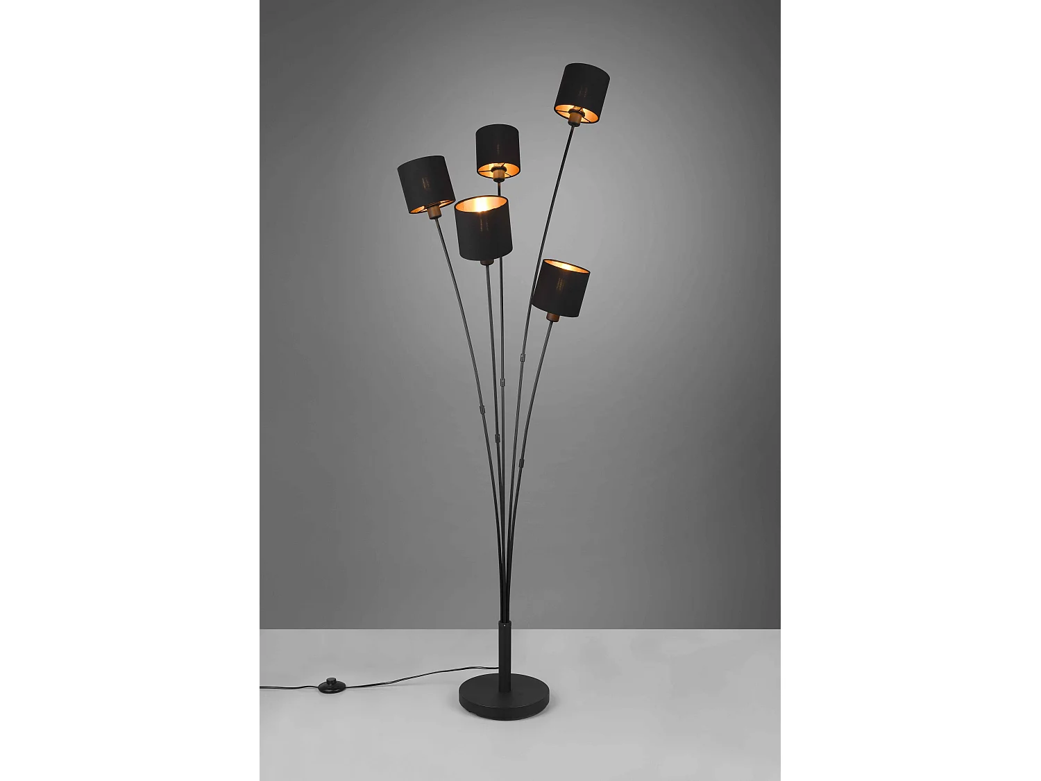 Piantana 5 paralumi, metallo, nero e oro, H 163 cm, Tommy