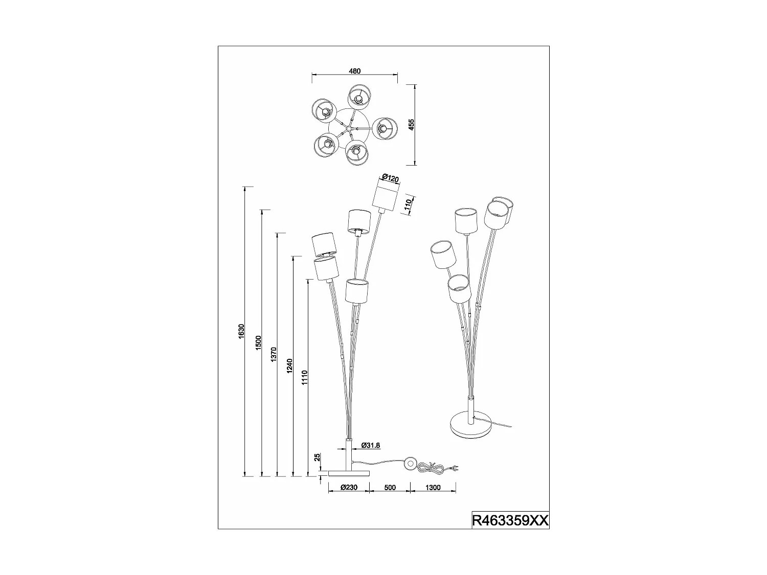 Piantana 5 paralumi, metallo, nero e oro, H 163 cm, Tommy
