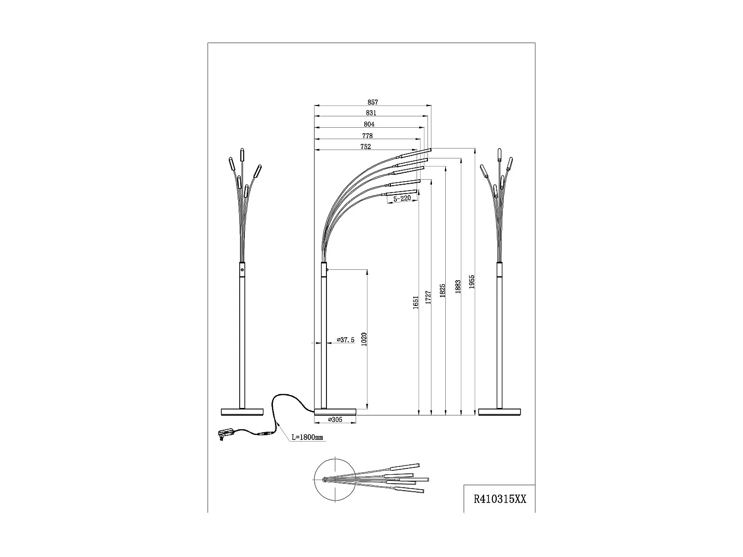 Piantana LED ad arco 5 diffusori, metallo, antracite, H 195 cm, Reed
