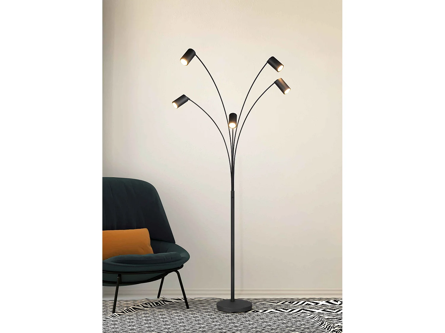 Piantana 5 spots orientabili, metallo, nero, H 200 cm, Marley