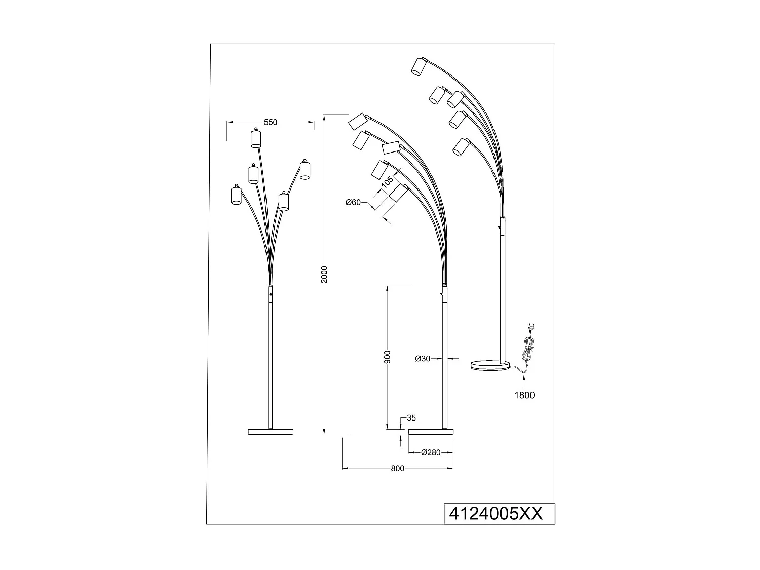 Piantana 5 spots orientabili, metallo, nero, H 200 cm, Marley