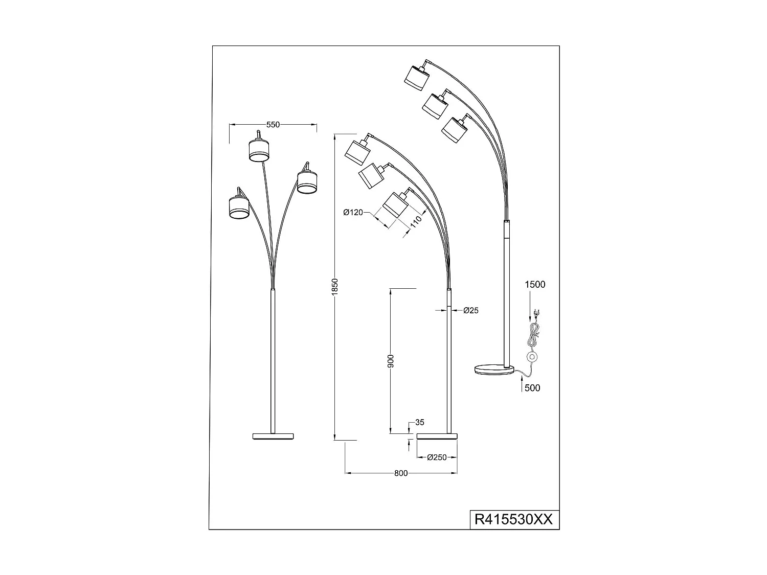 Piantana 3 paralumi, metallo, cromato e bianco/grigio, H 185 cm, Davos