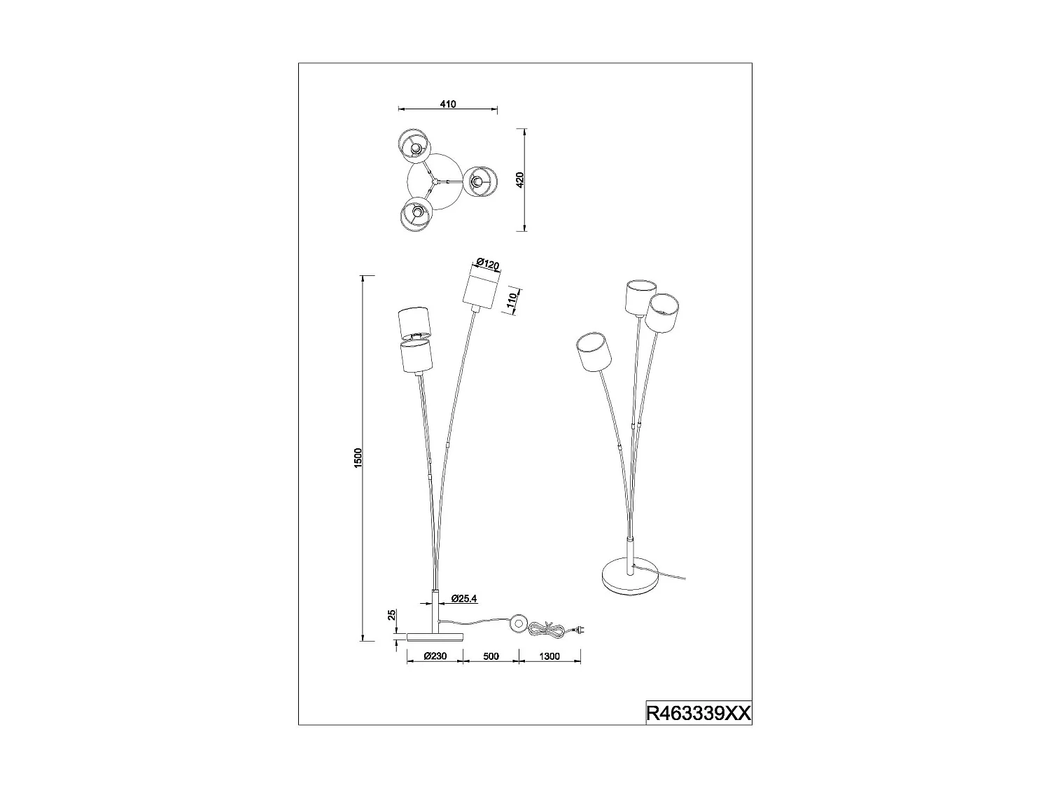 Piantana 3 paralumi, metallo, nero e oro, H 150 cm, Tommy