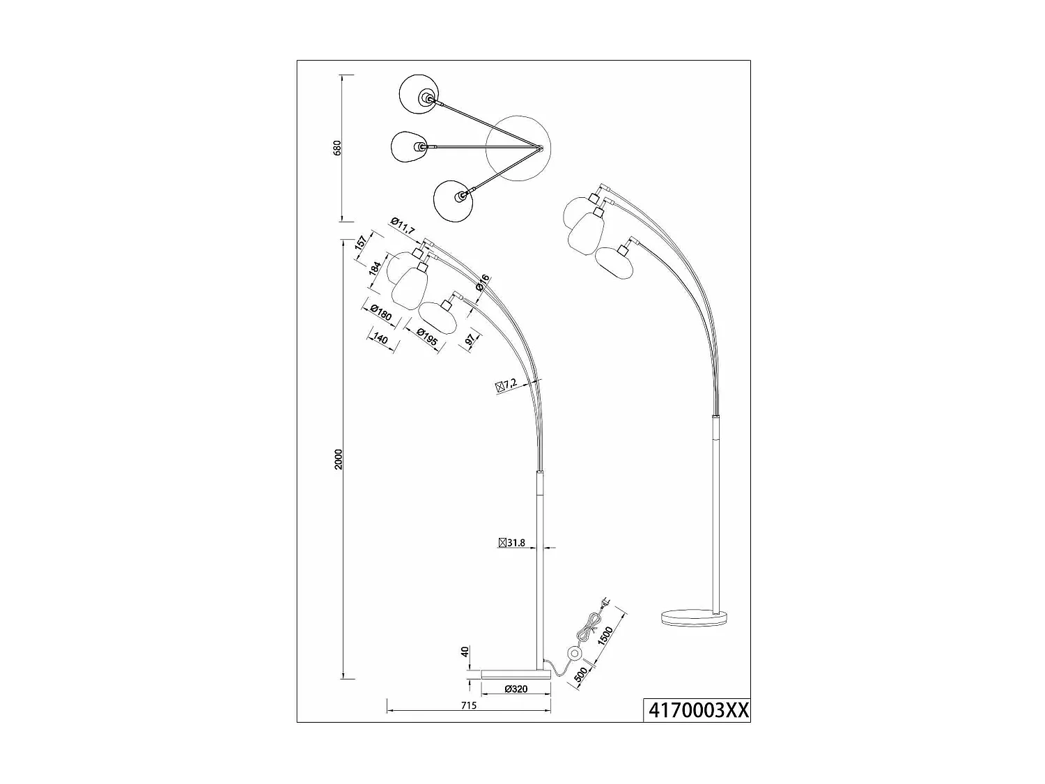 Piantana ad arco 3 diffusori, metallo, nero e ambra, H 200 cm, Lumina