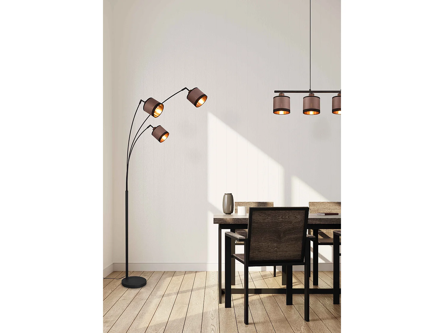 Piantana 3 paralumi, metallo, nero e tortora/oro, H 185 cm, Davos