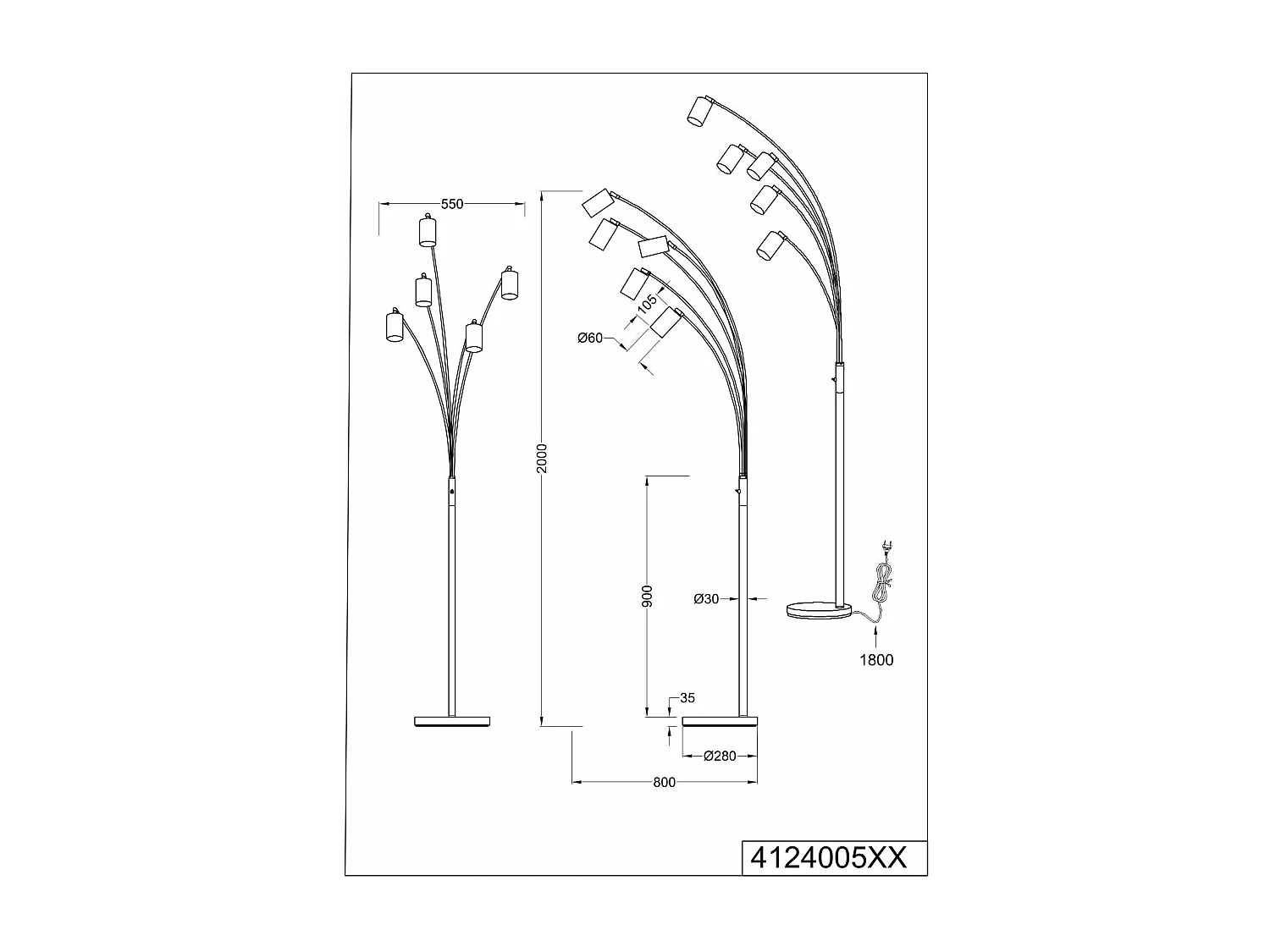 Piantana 5 spots orientabili, metallo, acciaio, H 200 cm, Marley