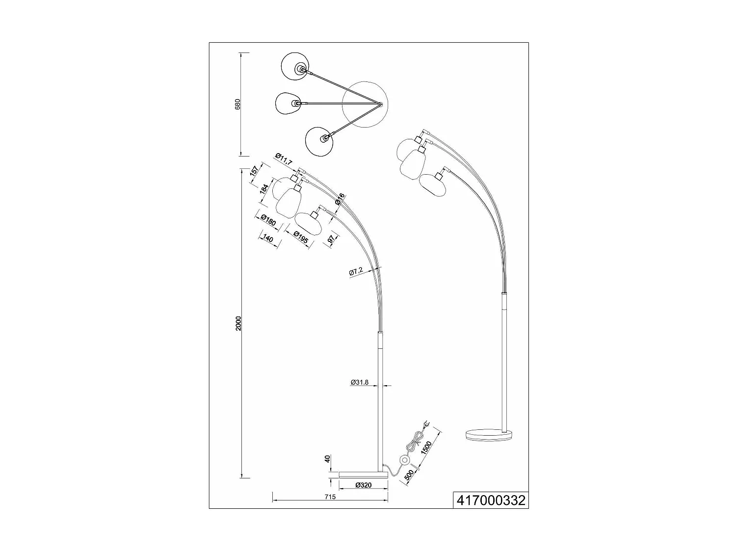 Piantana ad arco 3 diffusori, metallo, nero e fumé, H 200 cm, Lumina