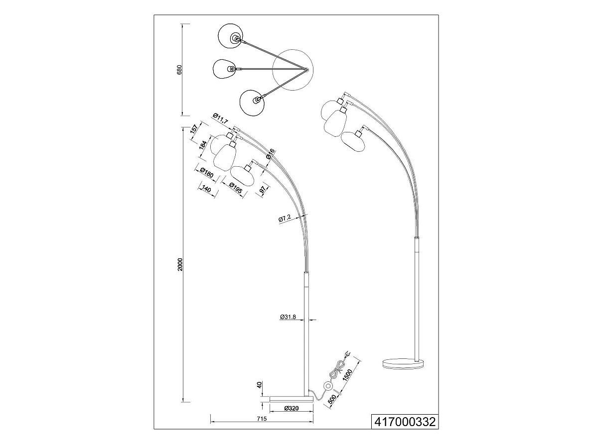 Piantana ad arco 3 diffusori, metallo, nero e fumé, H 200 cm, Lumina