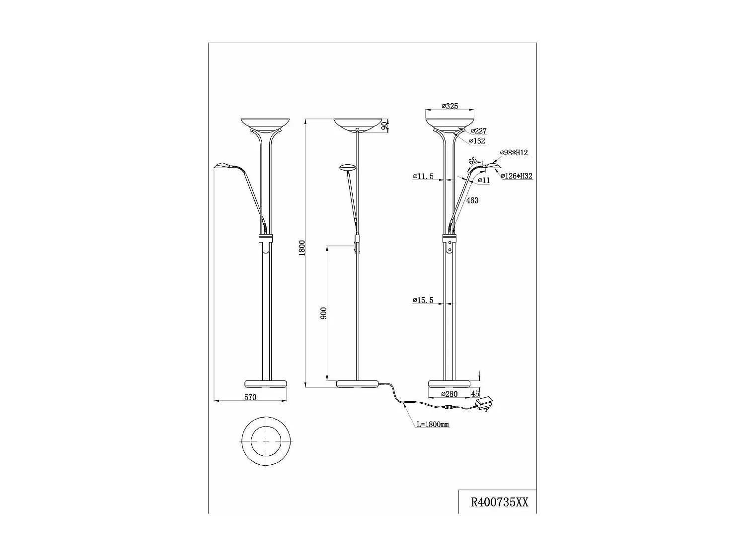 Piantana LED con lampada da lettura, nero, H 180 cm, Orson