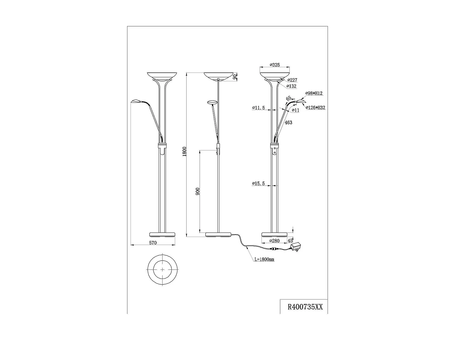 Piantana LED con lampada da lettura, ottone satinato, H 180 cm, Orson