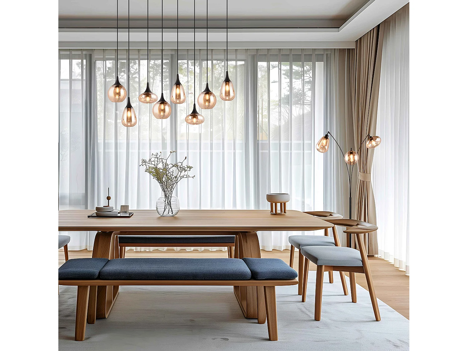 Lampada a sospensione 8 diffusori, vetro, nero e ambra, L 121 cm, Lumina