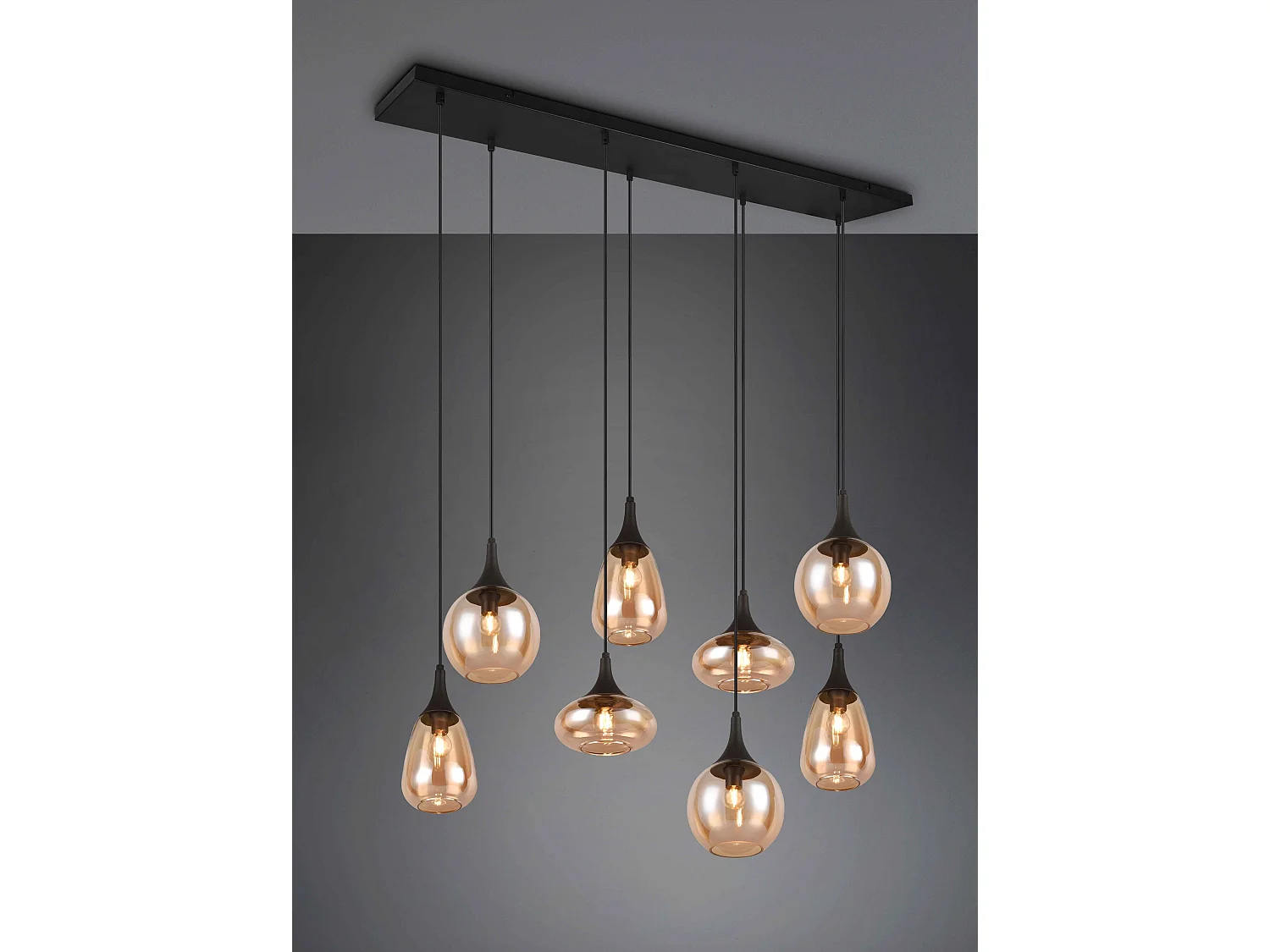 Lampada a sospensione 8 diffusori, vetro, nero e ambra, L 121 cm, Lumina