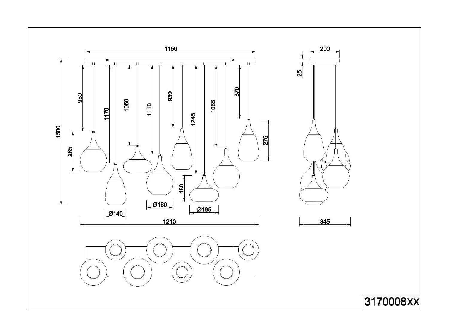 Lampada a sospensione 8 diffusori, vetro, nero e ambra, L 121 cm, Lumina