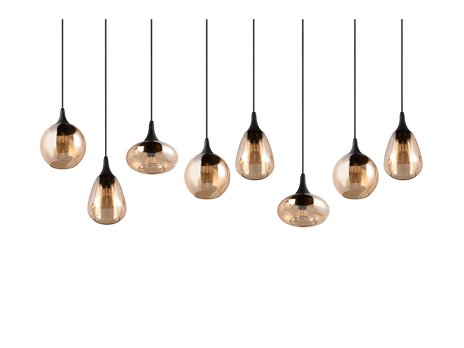 Lampada a sospensione 8 diffusori, vetro, nero e ambra, L 121 cm, Lumina