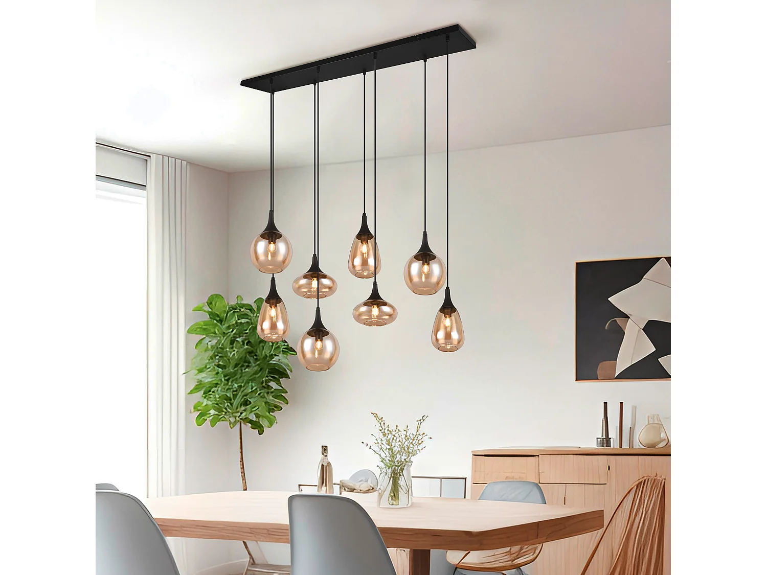 Lampada a sospensione 8 diffusori, vetro, nero e ambra, L 121 cm, Lumina