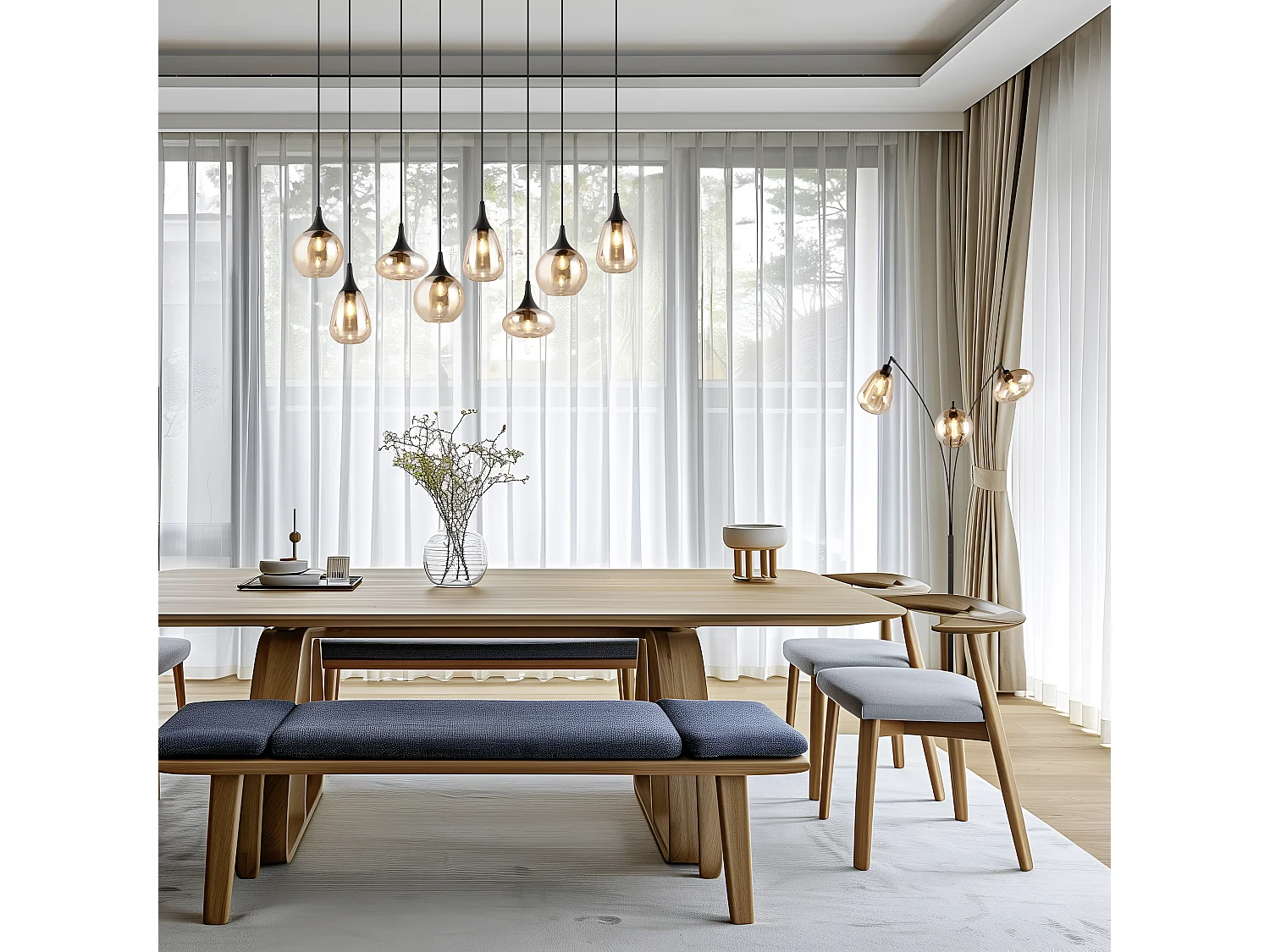 Lampada a sospensione 8 diffusori, vetro, nero e ambra, L 121 cm, Lumina