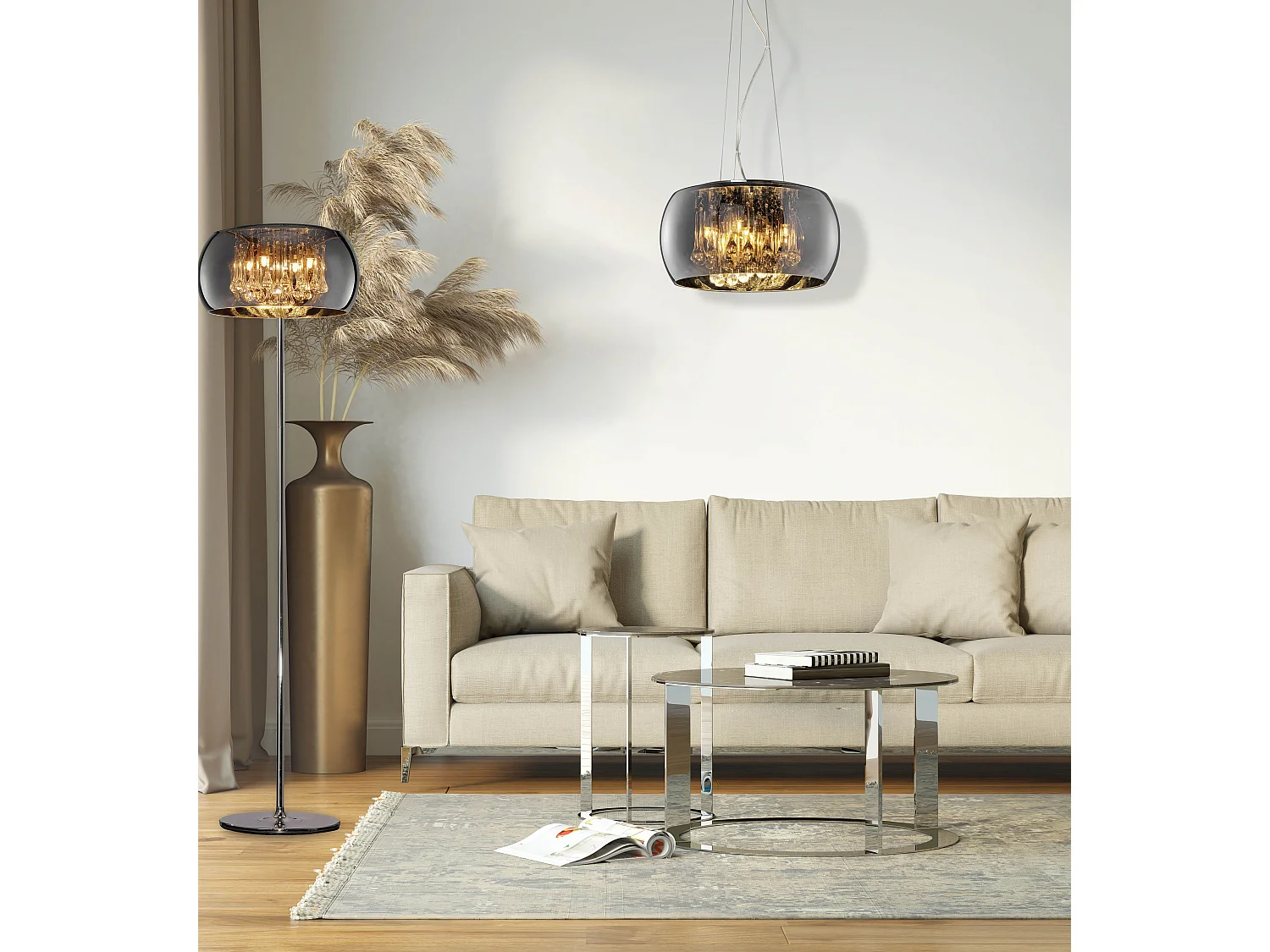 Lampada a sospensione con pendagli, metallo e vetro, cromo, D 40 cm, Vapore