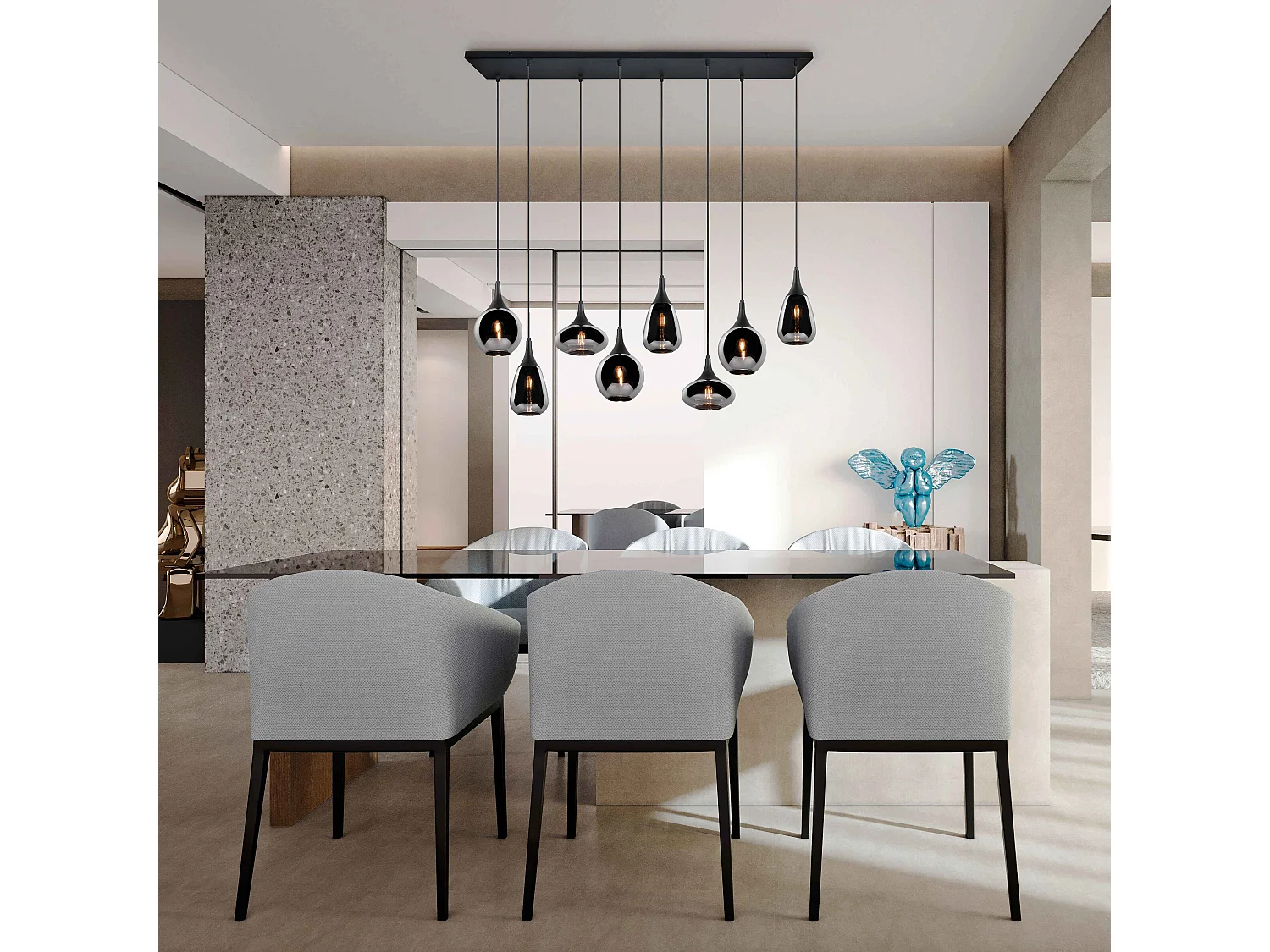 Lampada a sopensione 6 diffusori, metallo, nero e fumé, L 115 cm, Lumina