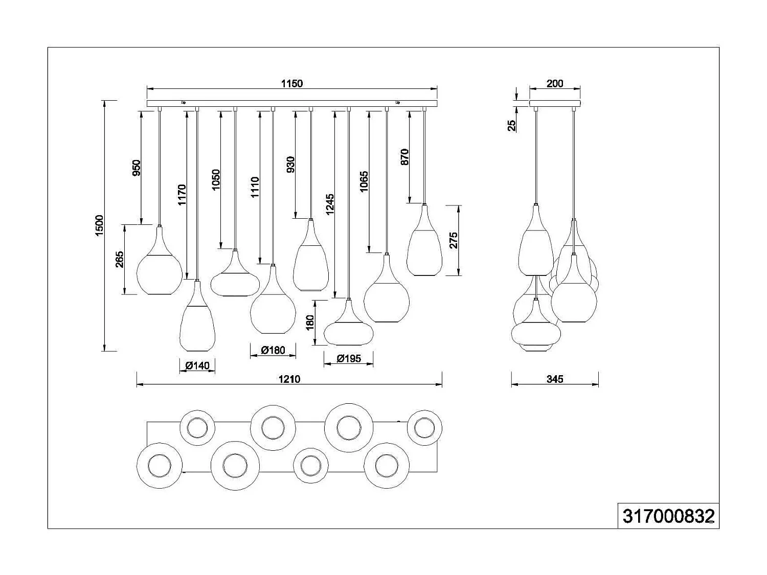 Lampada a sopensione 6 diffusori, metallo, nero e fumé, L 115 cm, Lumina