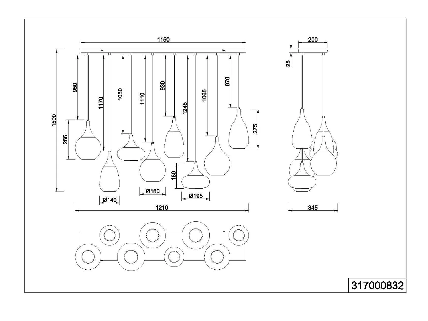 Lampada a sopensione 6 diffusori, metallo, nero e fumé, L 115 cm, Lumina