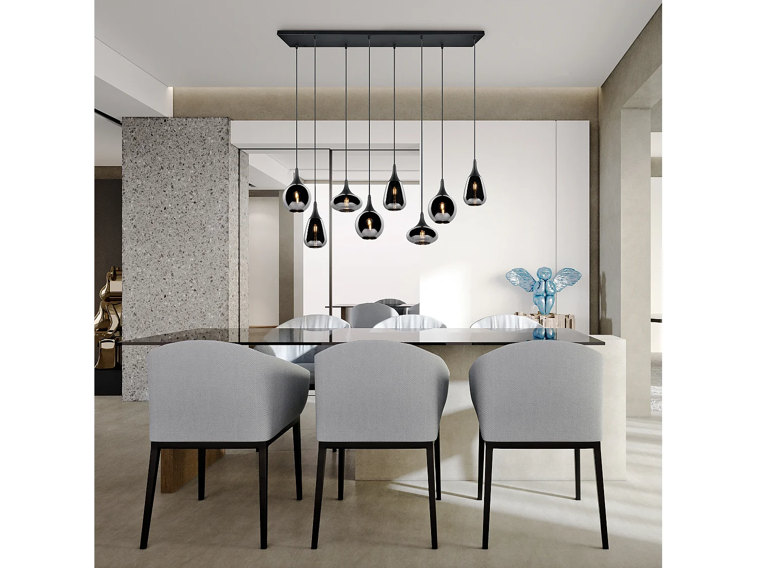 Lampada a sopensione 6 diffusori, metallo, nero e fumé, L 115 cm, Lumina