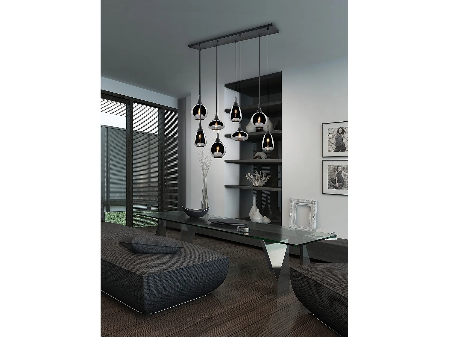 Lampada a sopensione 6 diffusori, metallo, nero e fumé, L 115 cm, Lumina