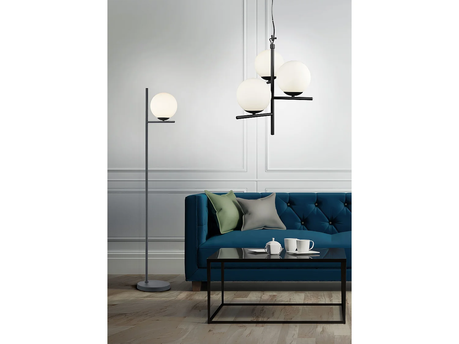 Lampada a sospensione 3 sfere, metallo, nero e bianco, D 40 cm, Pure