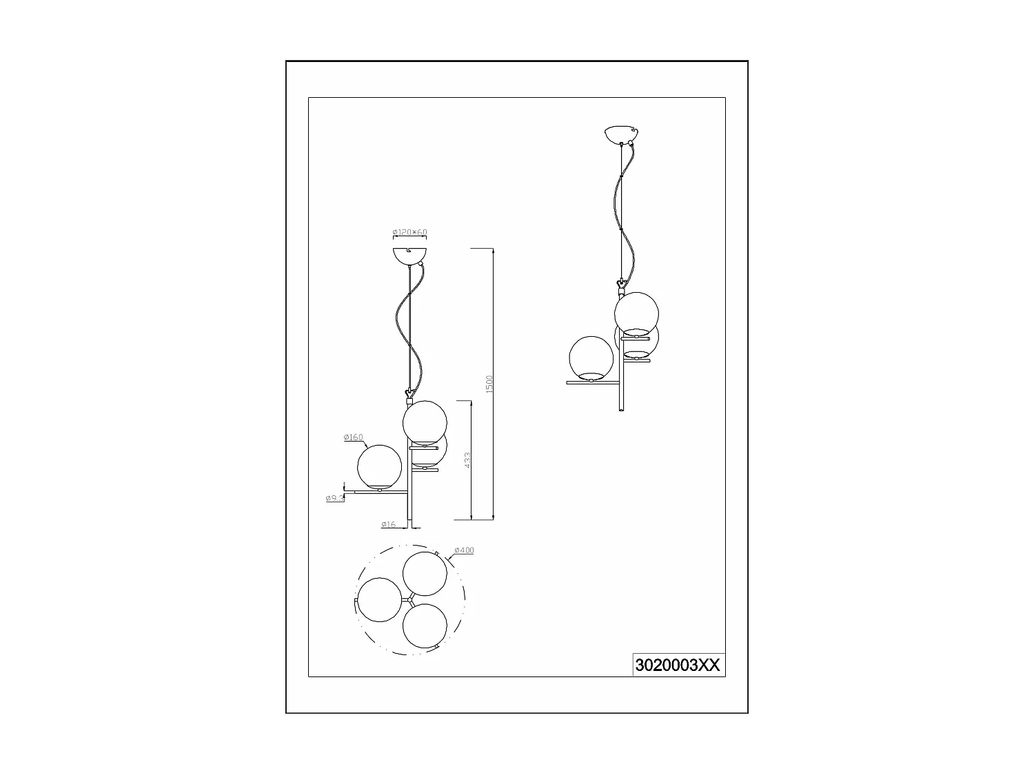 Lampada a sospensione 3 sfere, metallo, nero e bianco, D 40 cm, Pure