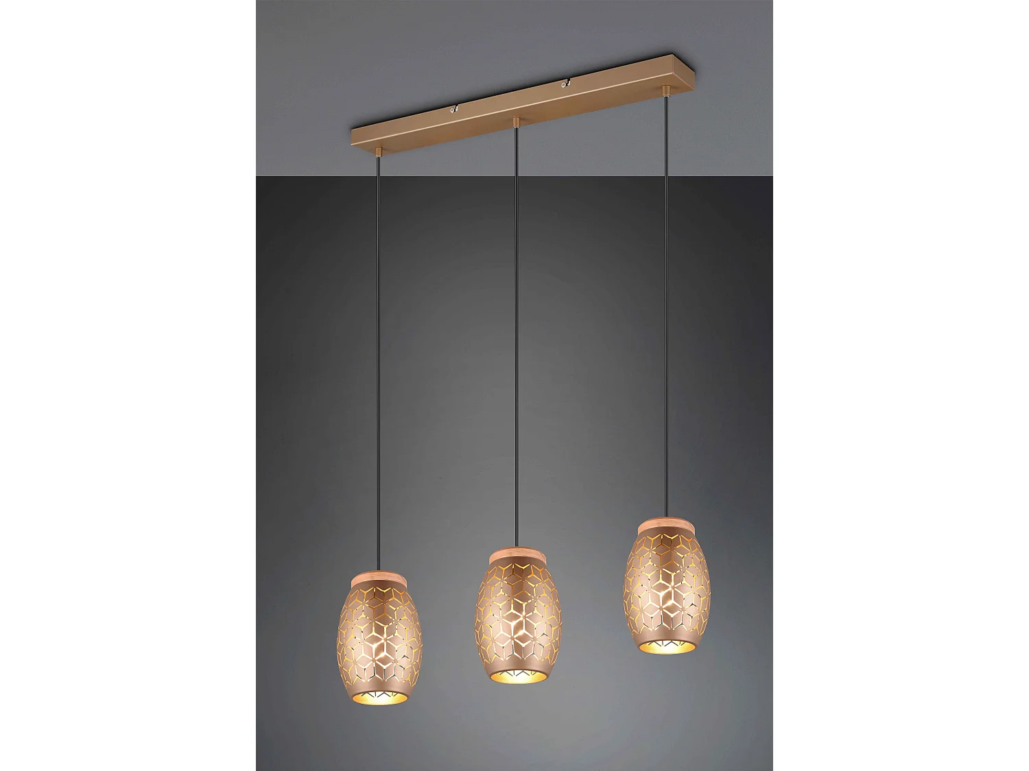 Lampada a sospensione 3 diffusori, metallo e legno, caffè, L 71 cm, Bidar