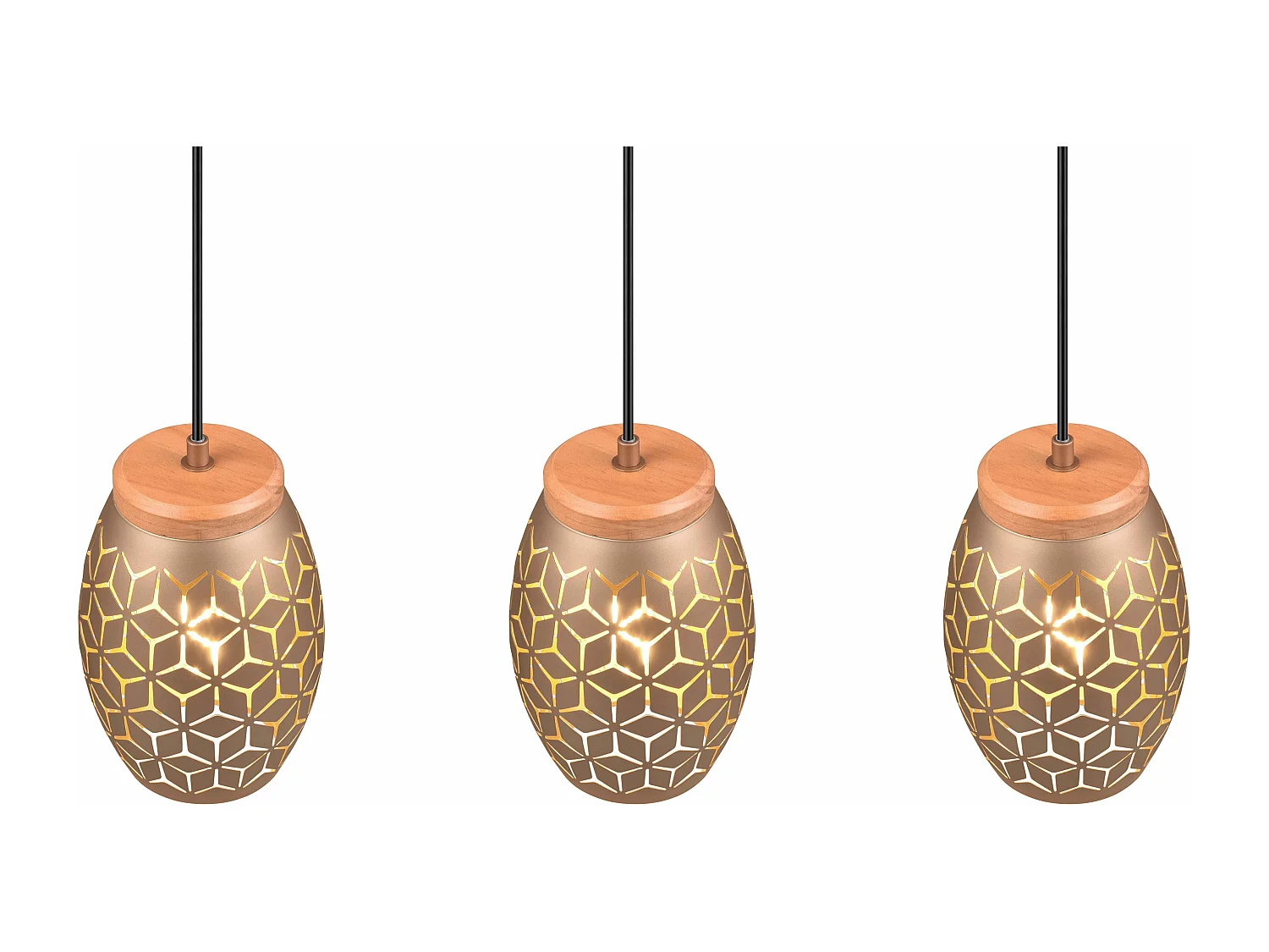 Lampada a sospensione 3 diffusori, metallo e legno, caffè, L 71 cm, Bidar