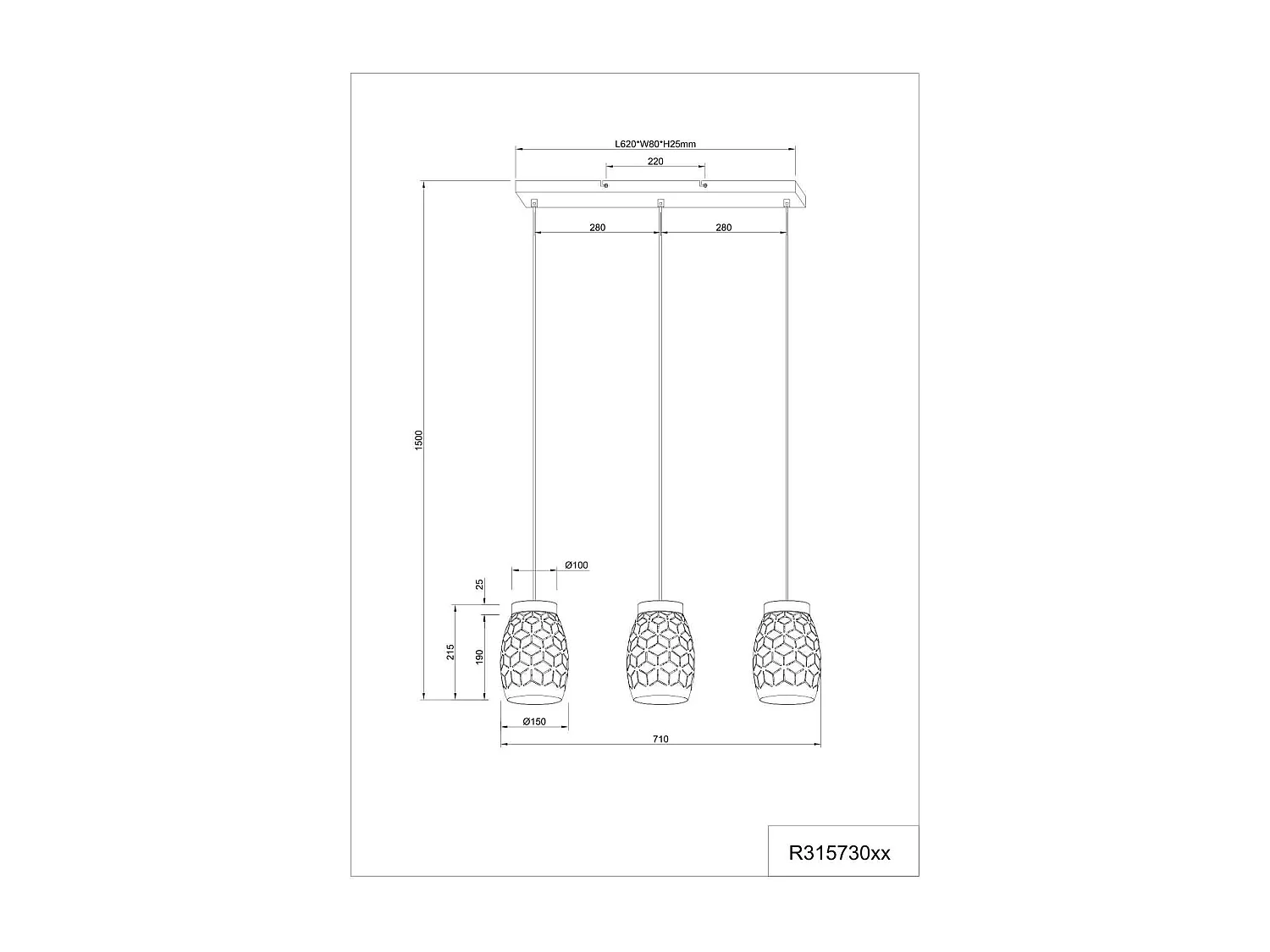 Lampada a sospensione 3 diffusori, metallo e legno, caffè, L 71 cm, Bidar