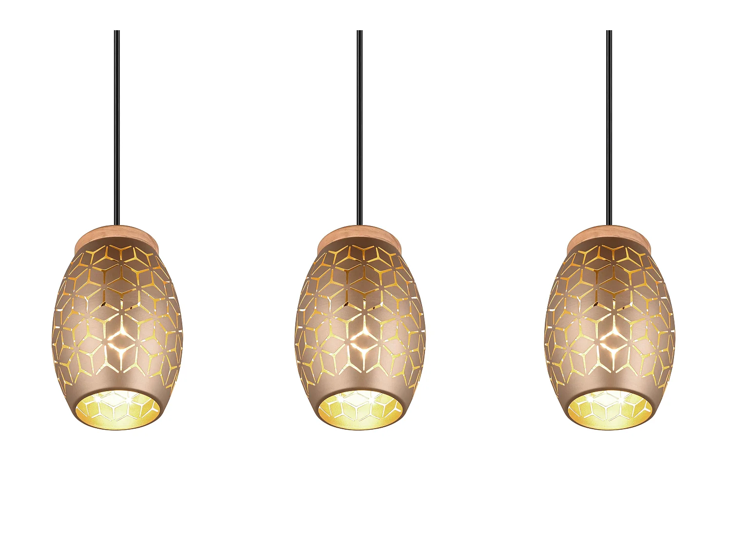 Lampada a sospensione 3 diffusori, metallo e legno, caffè, L 71 cm, Bidar