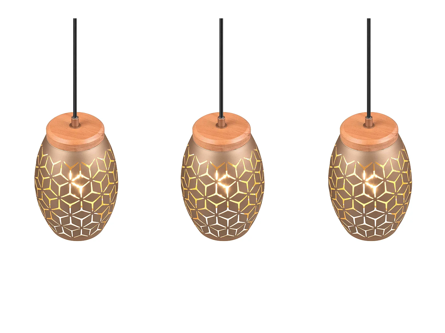 Lampada a sospensione 3 diffusori, metallo e legno, caffè, L 71 cm, Bidar
