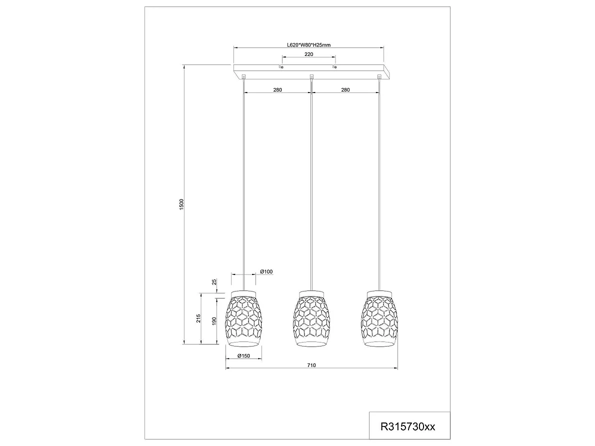 Lampada a sospensione 3 diffusori, metallo e legno, caffè, L 71 cm, Bidar