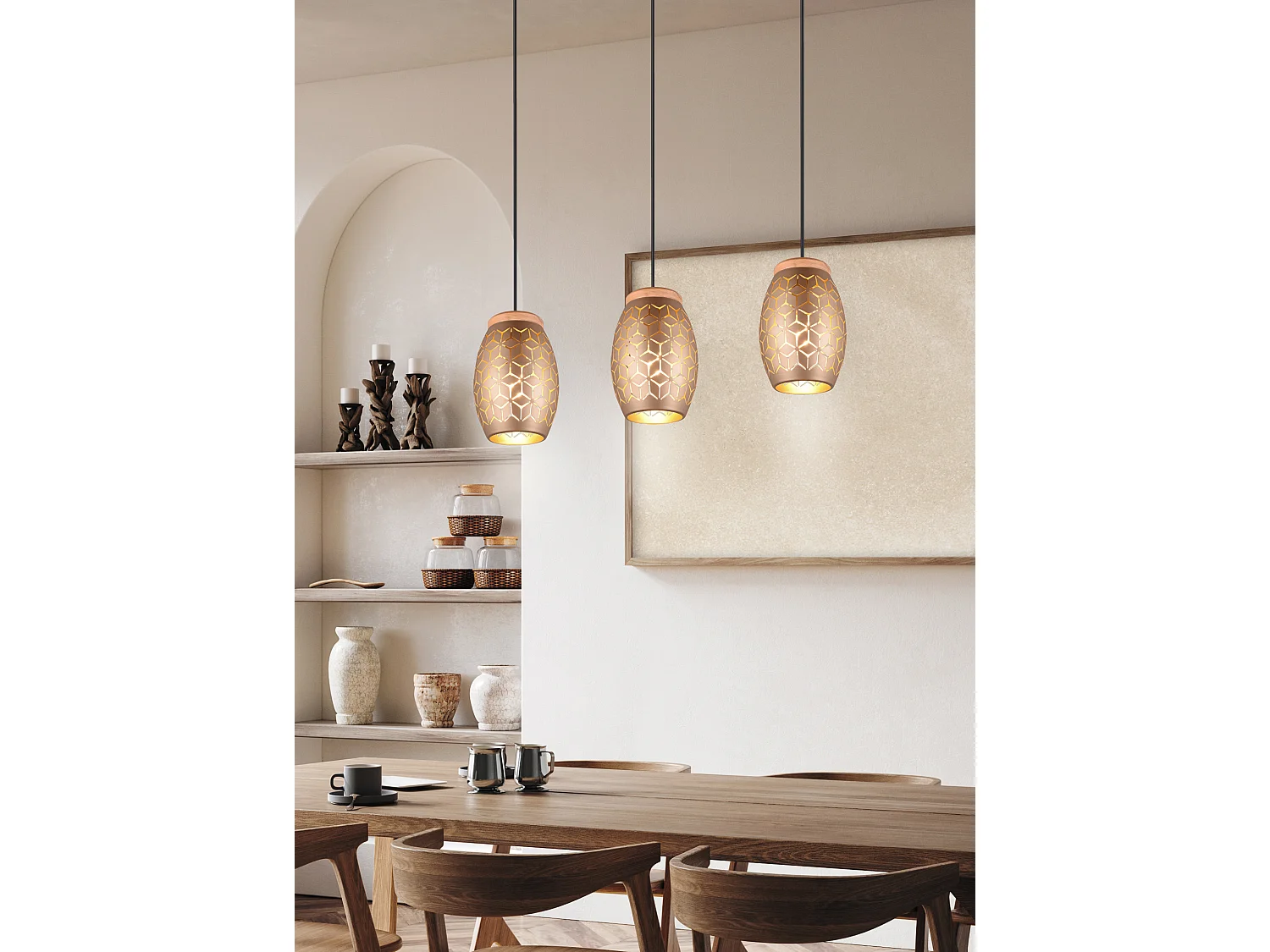 Lampada a sospensione 3 diffusori, metallo e legno, caffè, L 71 cm, Bidar