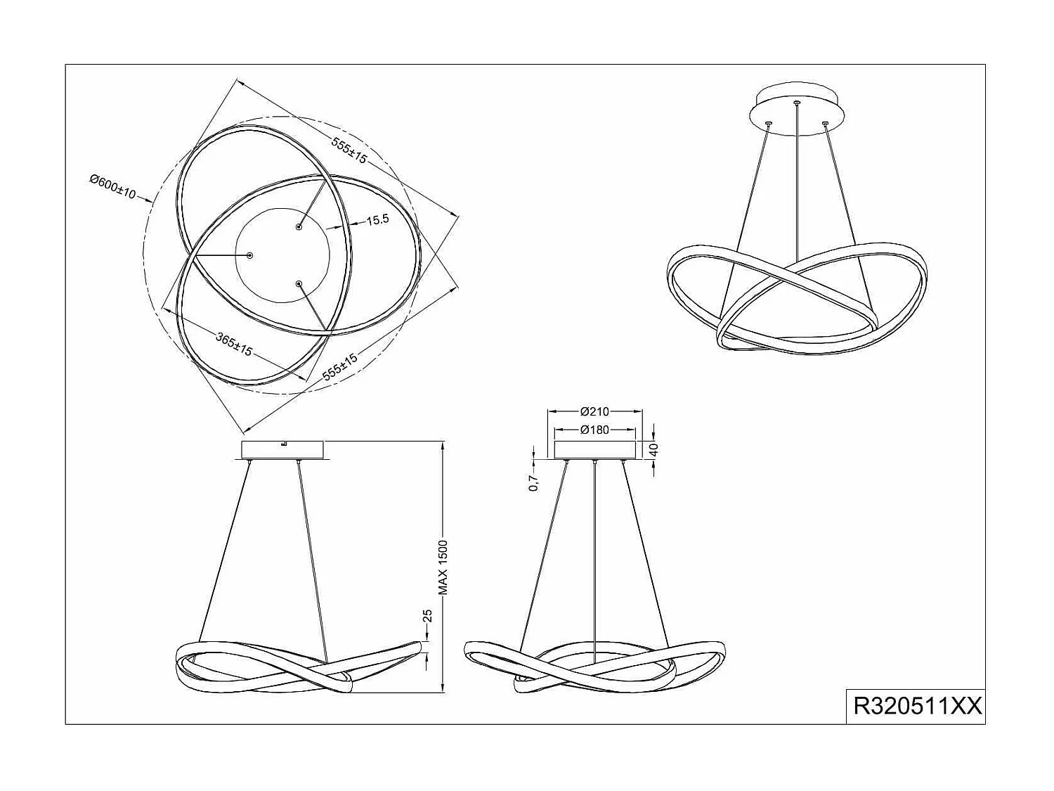 Lampada a sospensione LED cerchio, metallo, bianco, D 60 cm, Course