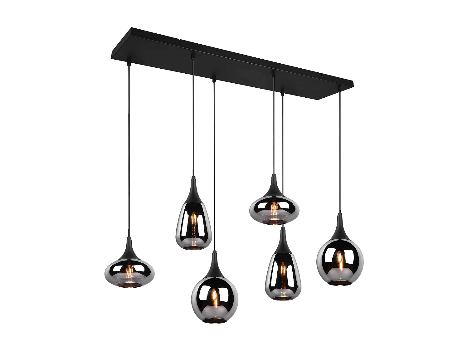 Lampada a sopensione 6 diffusori, metallo, nero e fumé, L 85 cm, Lumina