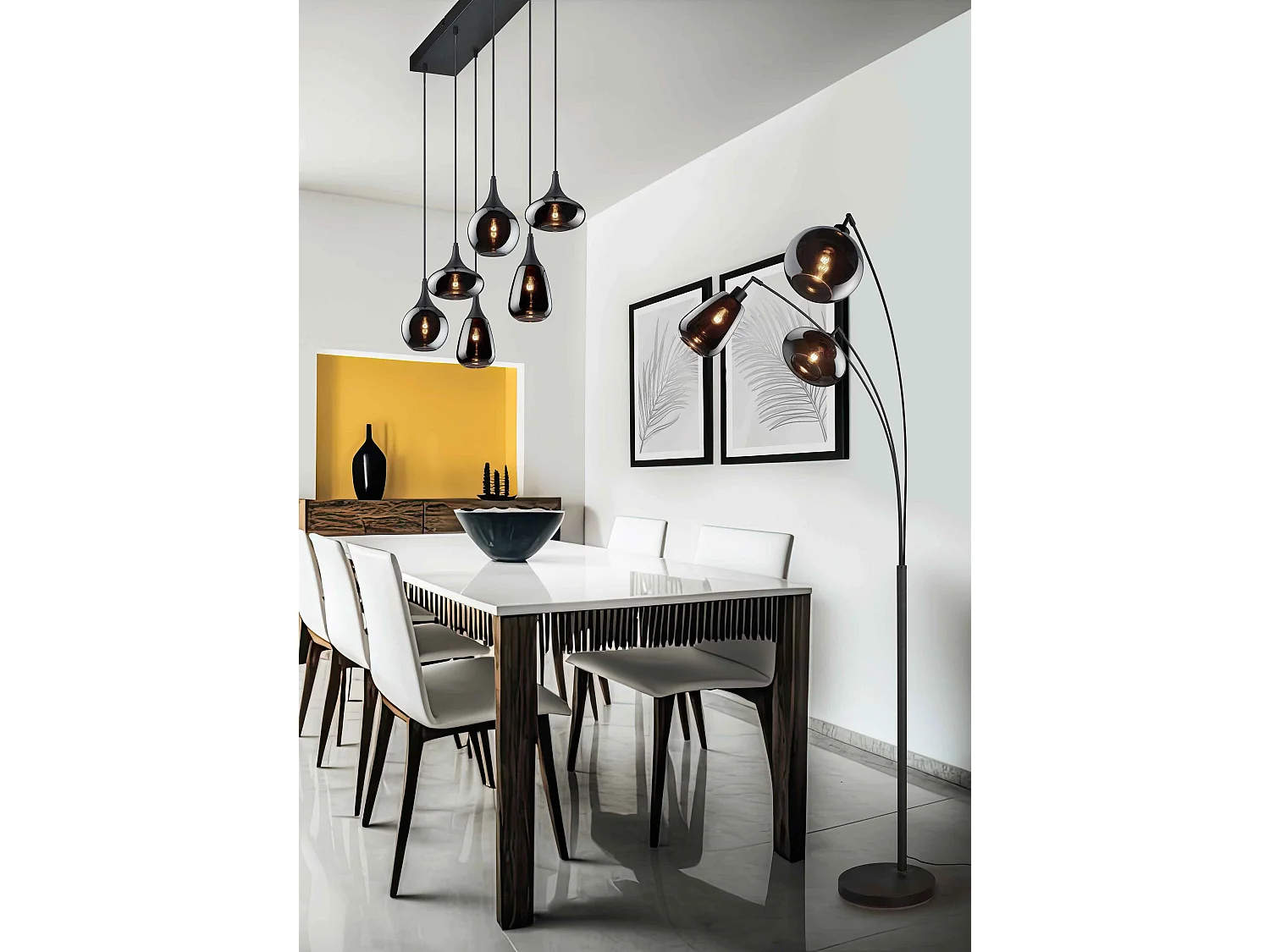 Lampada a sopensione 6 diffusori, metallo, nero e fumé, L 85 cm, Lumina