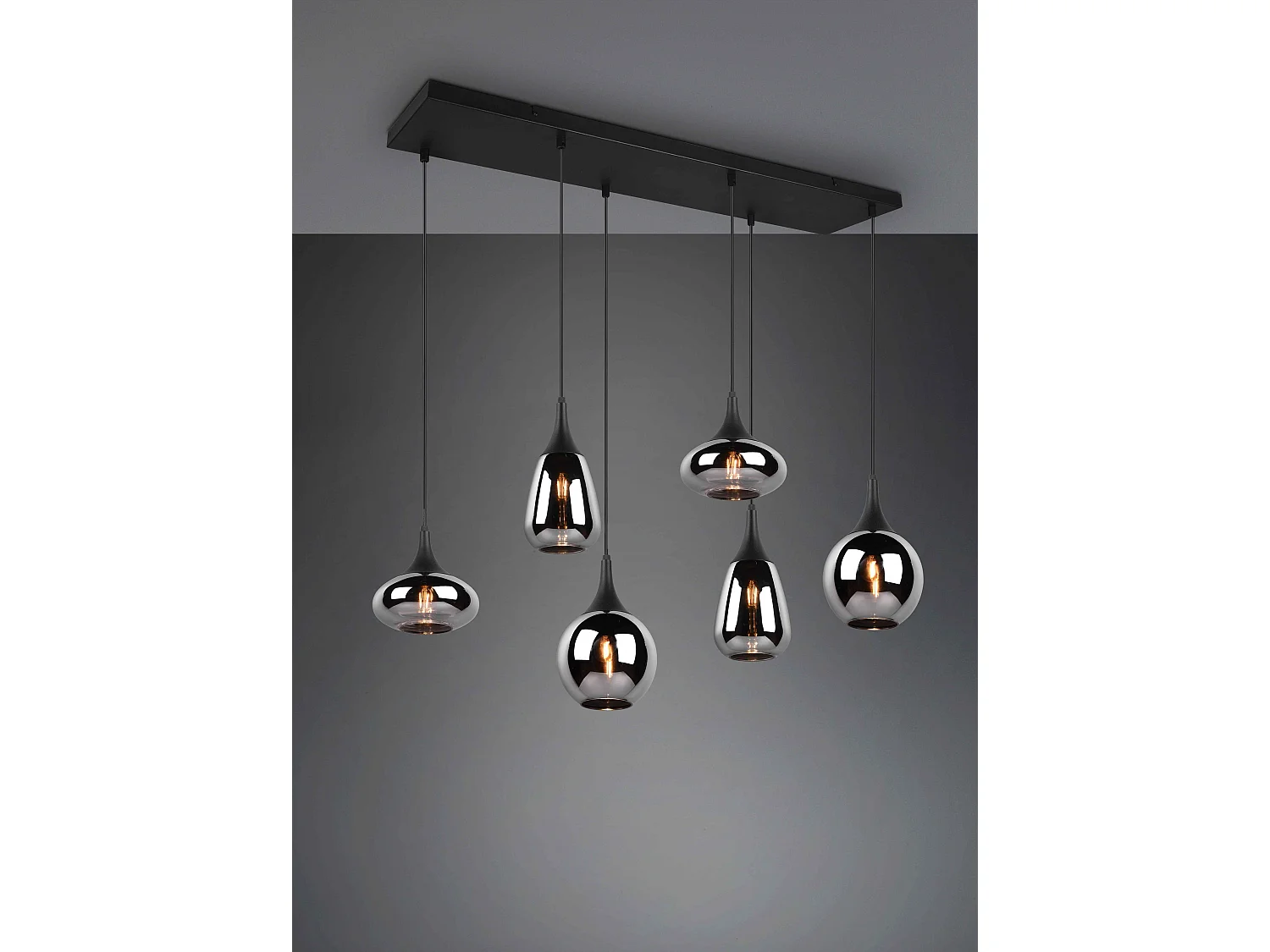 Lampada a sopensione 6 diffusori, metallo, nero e fumé, L 85 cm, Lumina