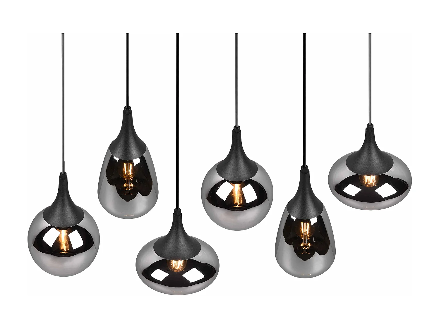 Lampada a sopensione 6 diffusori, metallo, nero e fumé, L 85 cm, Lumina