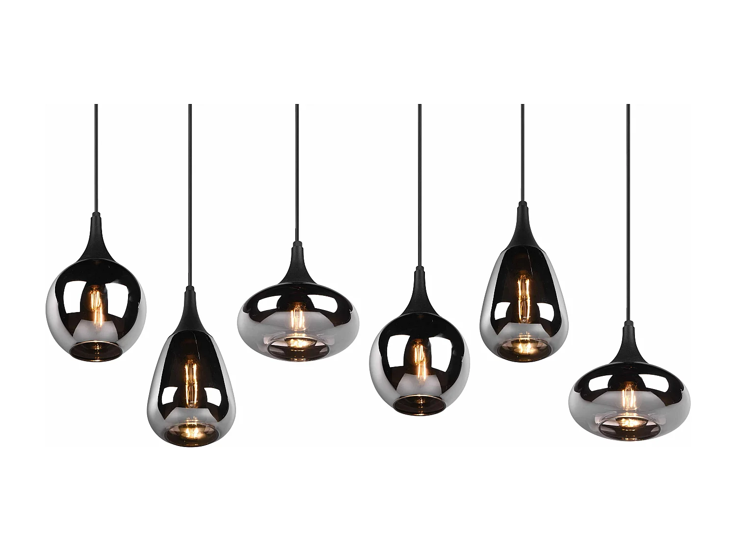 Lampada a sopensione 6 diffusori, metallo, nero e fumé, L 85 cm, Lumina