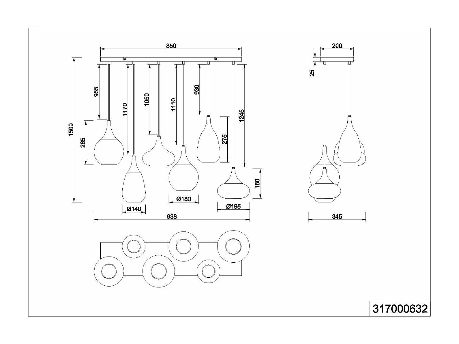 Lampada a sopensione 6 diffusori, metallo, nero e fumé, L 85 cm, Lumina