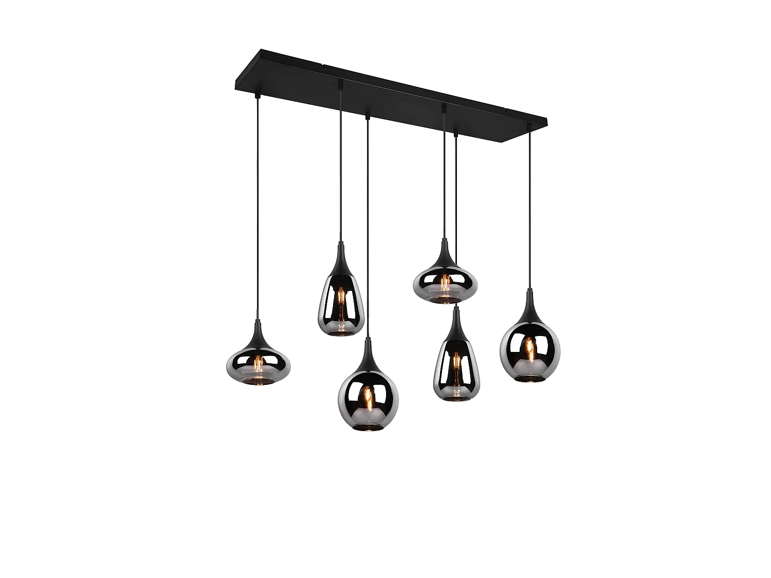 Lampada a sopensione 6 diffusori, metallo, nero e fumé, L 85 cm, Lumina