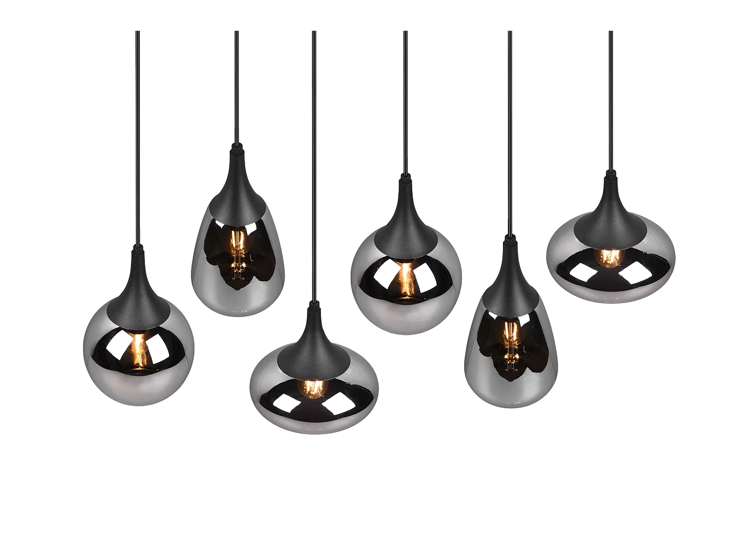 Lampada a sopensione 6 diffusori, metallo, nero e fumé, L 85 cm, Lumina