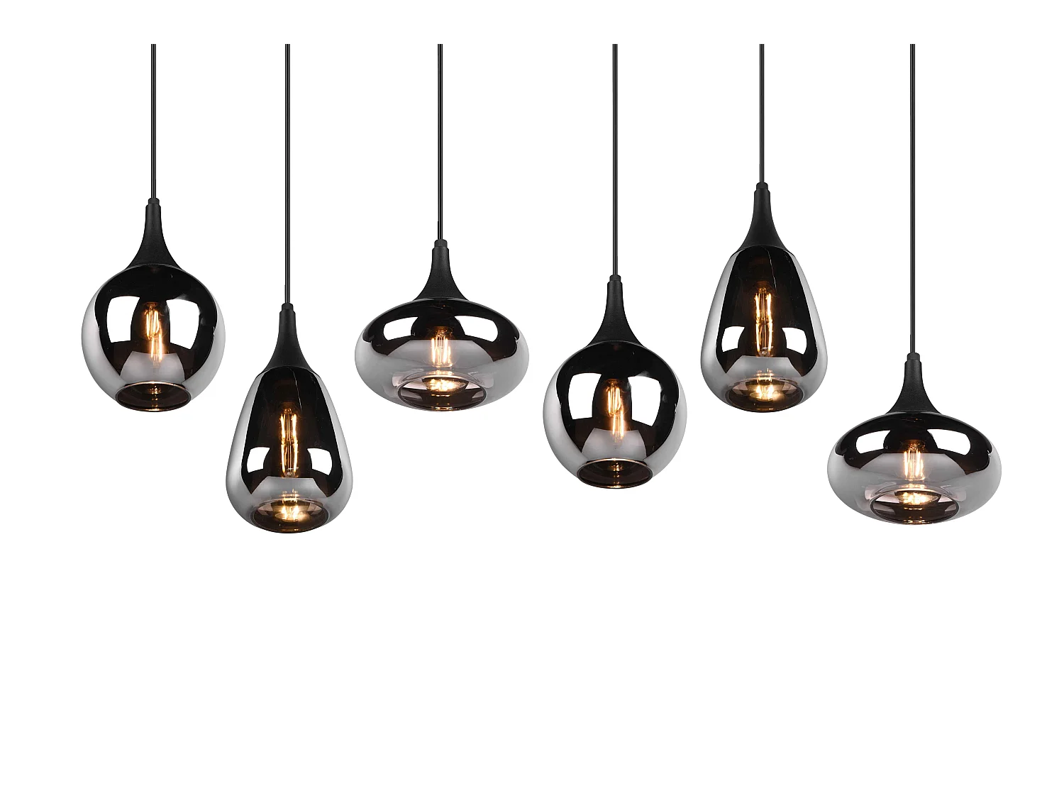 Lampada a sopensione 6 diffusori, metallo, nero e fumé, L 85 cm, Lumina