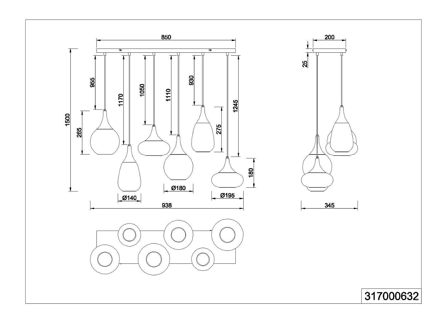 Lampada a sopensione 6 diffusori, metallo, nero e fumé, L 85 cm, Lumina