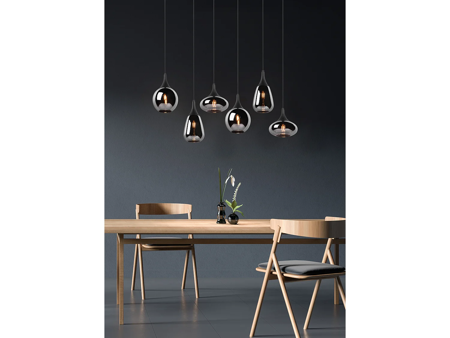 Lampada a sopensione 6 diffusori, metallo, nero e fumé, L 85 cm, Lumina