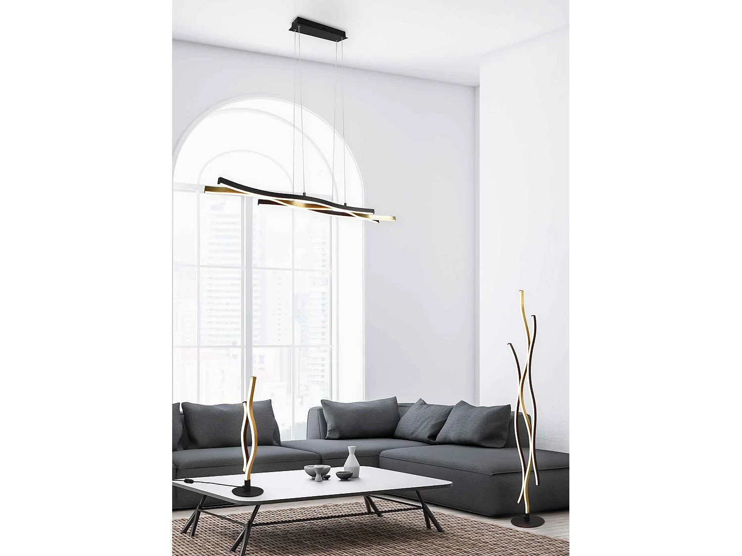 Lampada a sospensione LED ondulata, metallo, ottone e nero, L 108 cm, Blaze