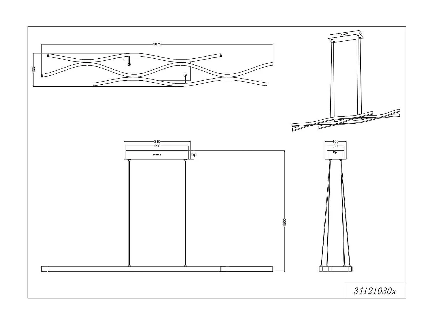 Lampada a sospensione LED ondulata, metallo, ottone e nero, L 108 cm, Blaze